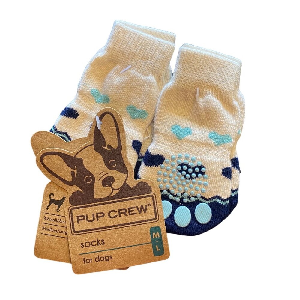 Pup Crew‎ Dog Socks Medium/Large Non-Slip Tan Heart Zig Zag Design NEW